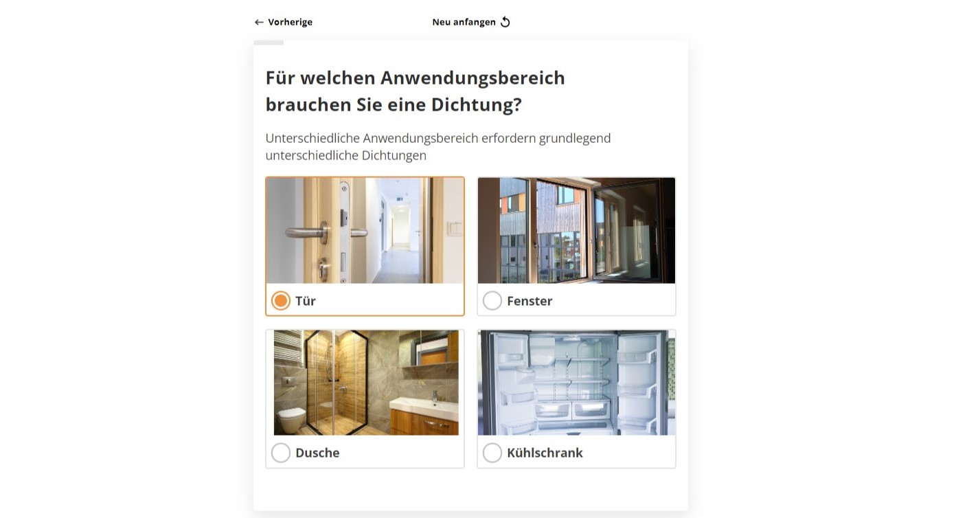 Der Produktberater fragt, für welchen Anwendungsbereich die Dichtung benötigt wird