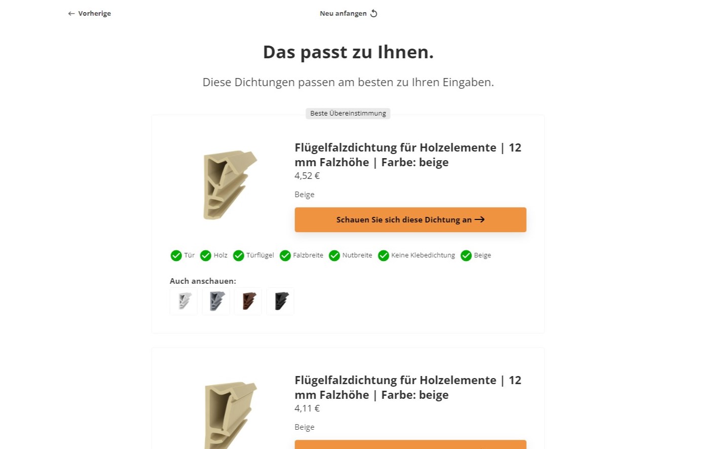 Der Produktberater zeigt uns passende Dichtungen zu unseren Antworten