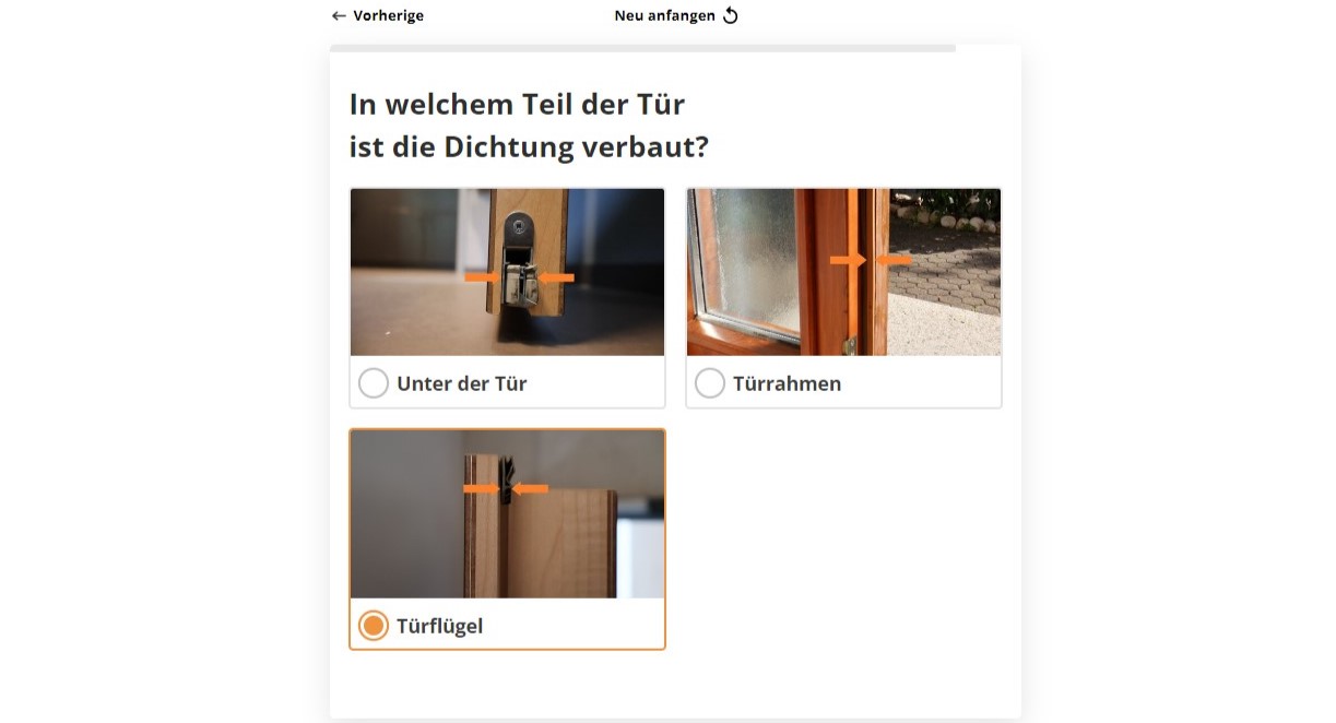 Der Produktberater fragt, in welchem Teil der Tür die Dichtung verbaut ist