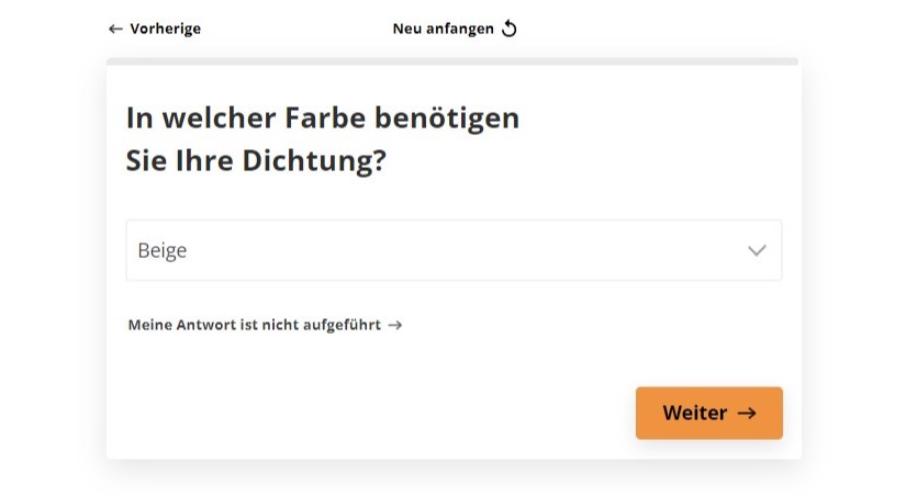 Der Produktberater fragt, in welcher Farbe die Dichtung benoetigt wird