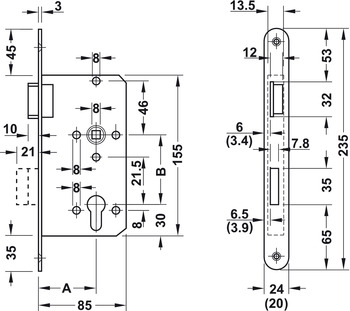 Einsteckschloss für Drehtüren Profilzylinder | Dornmaß: 55 mm | Ausführung: DIN Links